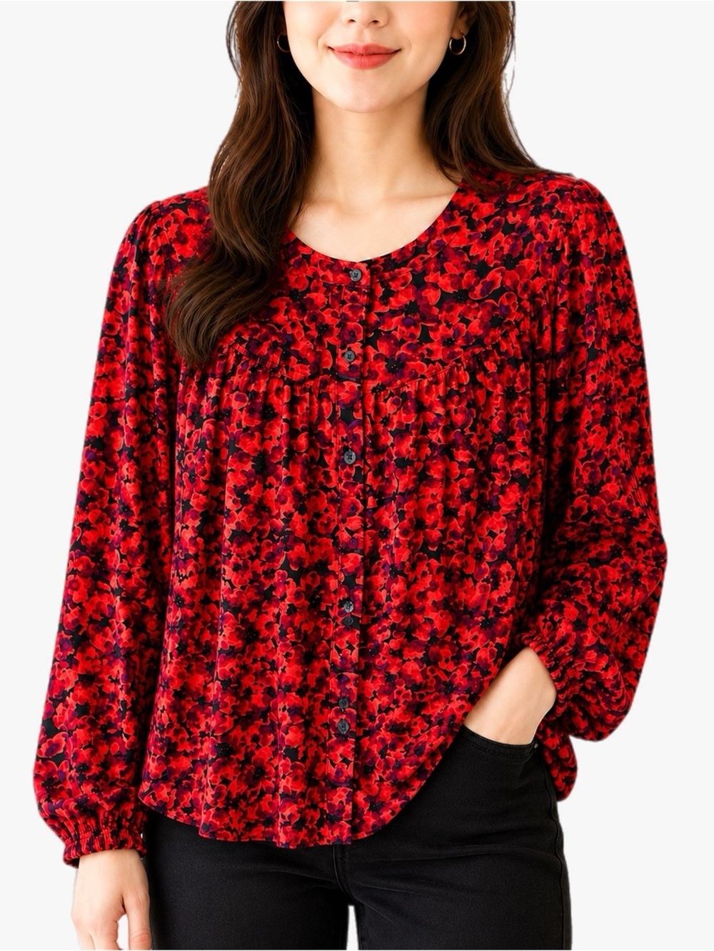 A New Day Floral Blouse XL Red Black Long Sleeve Button Front Boho Peasant Top
